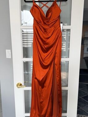 Rust Orange Satin Cowl-Neck Maxi Dress with Crossback Straps